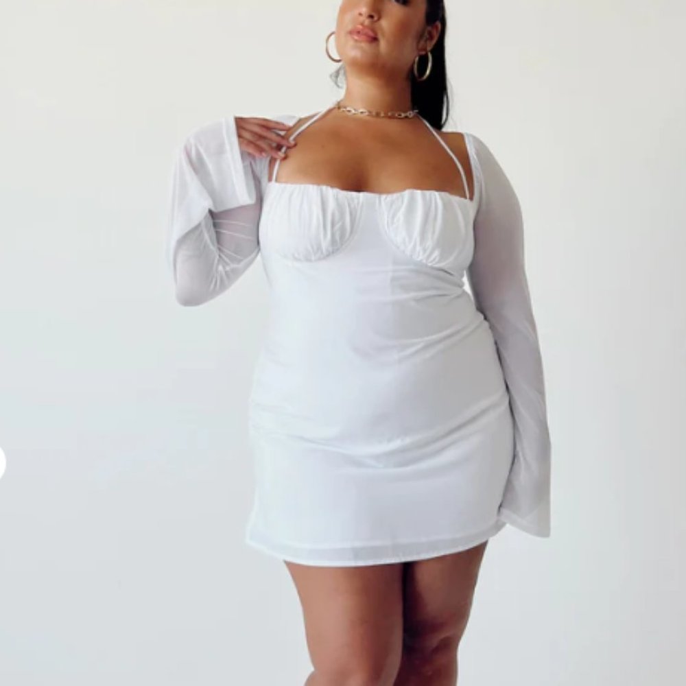 Princess Polly CURVE White Sheer Sleeve Mini Dress - Picture 4 of 5
